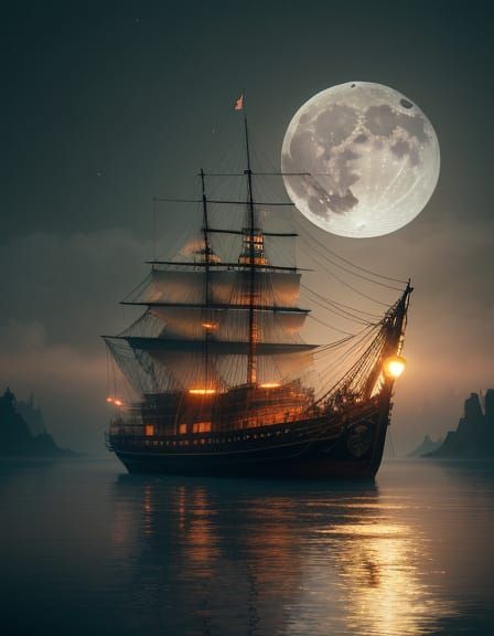 Mystical Lagoon Under Full Moonlight