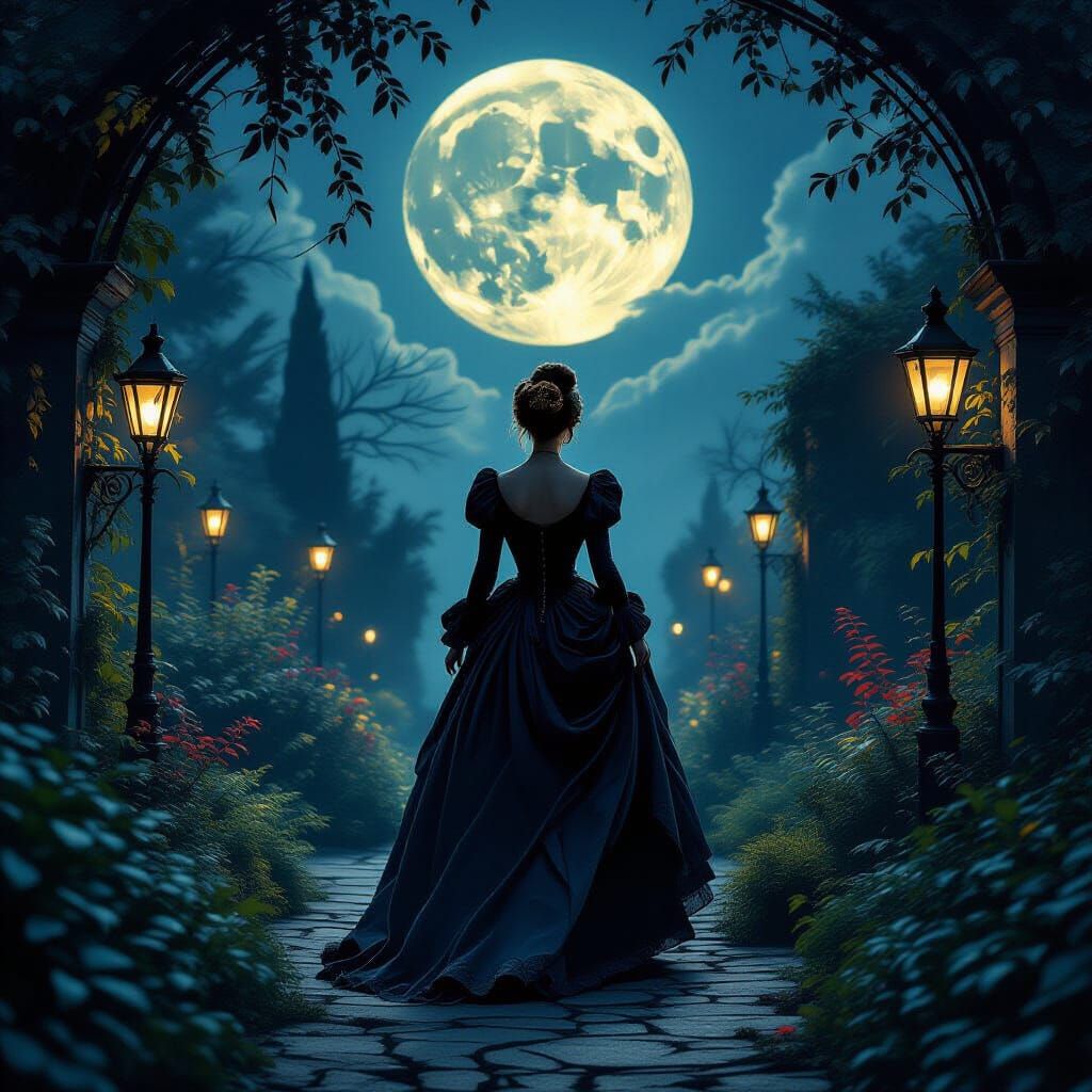 Victorian Woman in Mystical Moonlit Garden