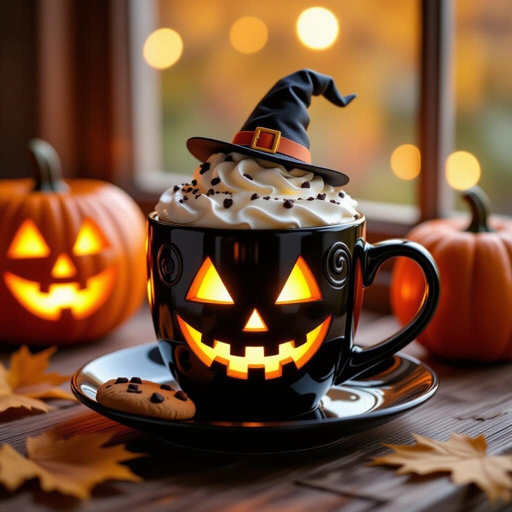Cozy Halloween Coffee Cup with Glowing Jack-o'-lantern Face