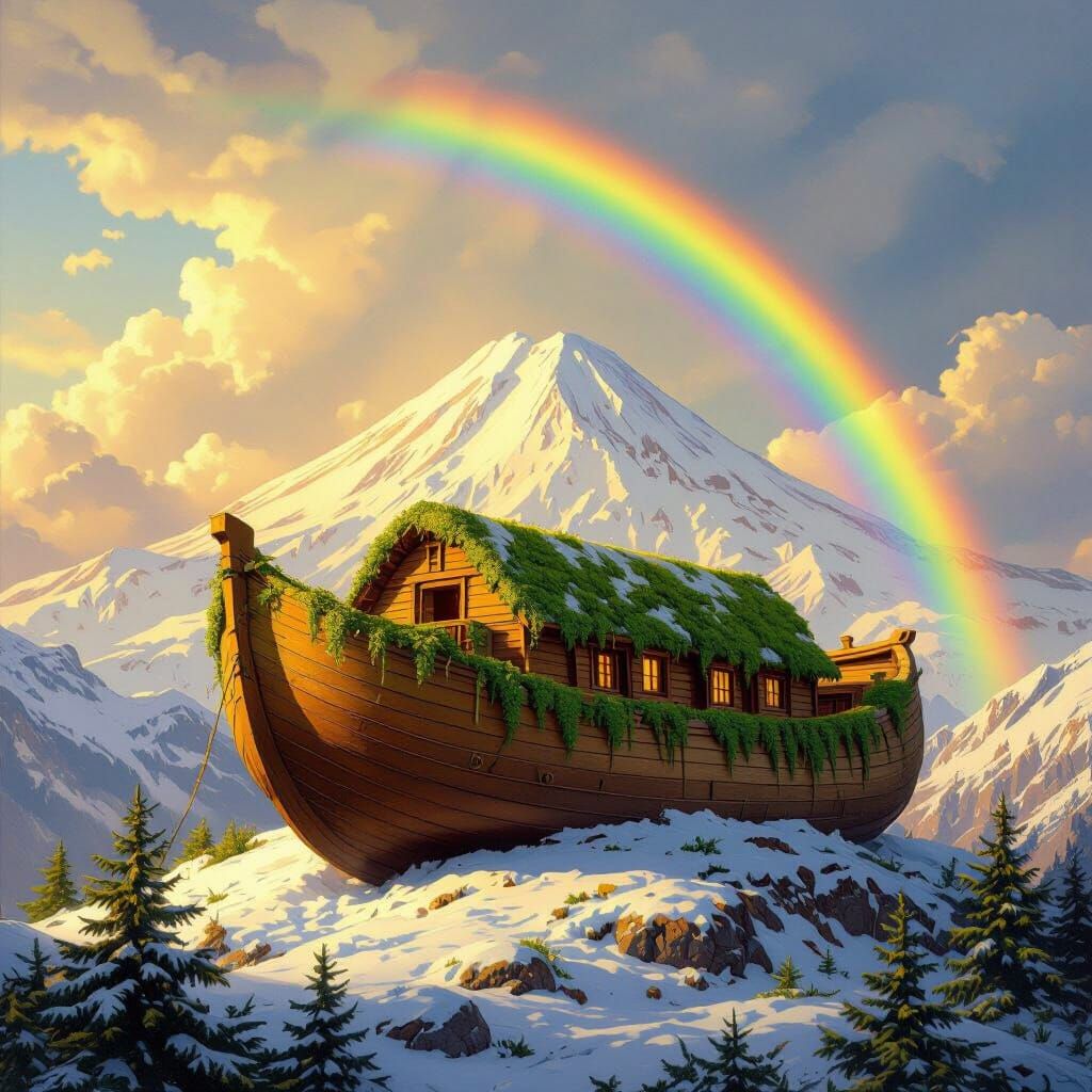 Noah's Ark on Mount Ararat in Lush Landscape Style