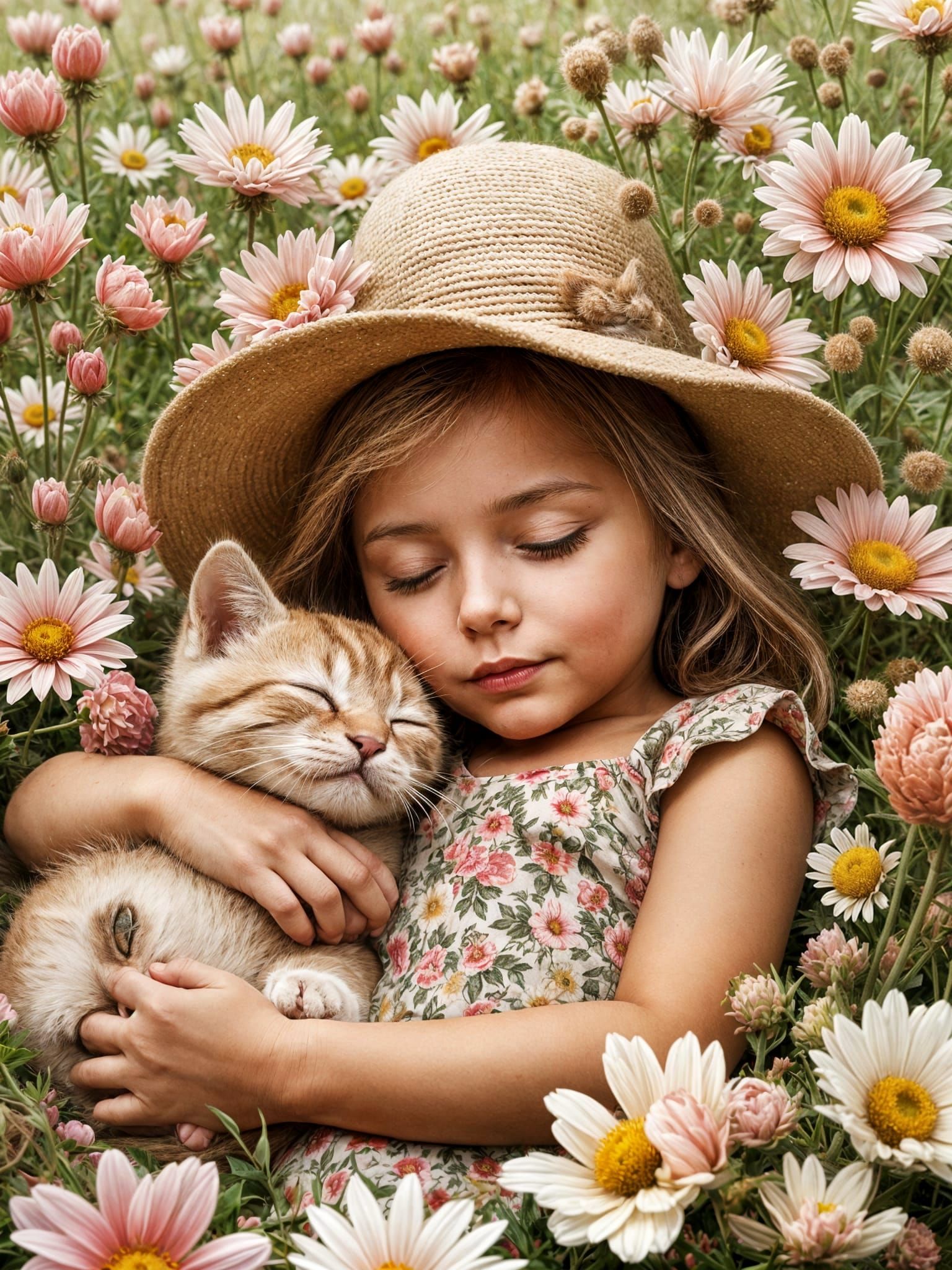 Cute Kitty Sleeping with Girl in Hyperrealism Style