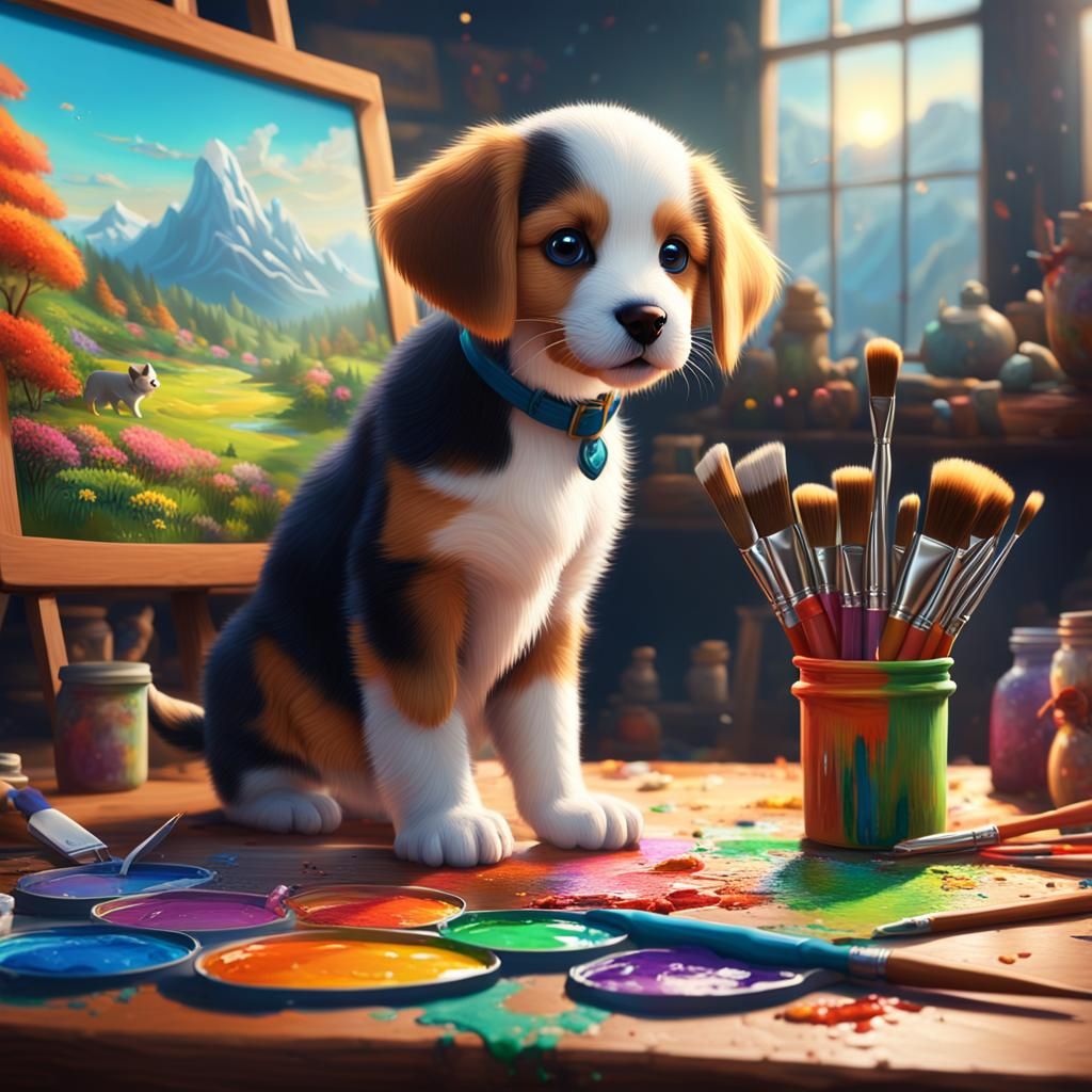 A Whimsical Studio Scene of a Cute Puppy Learning to Paint