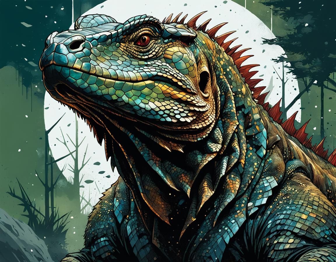 Epic Komodo Dragon Portrait in Hyper-Detailed Stylized Water...