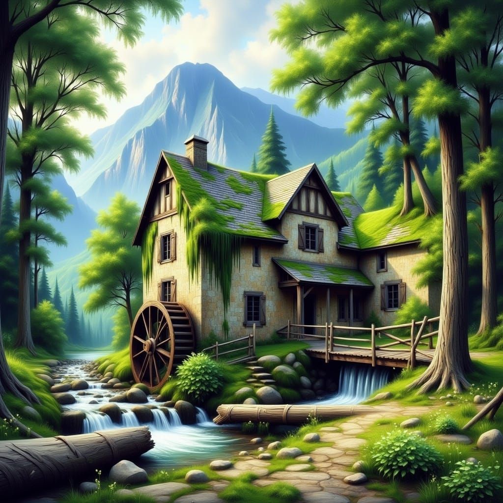 Rustic Water Wheel Mill House in Serene Forest Landscape