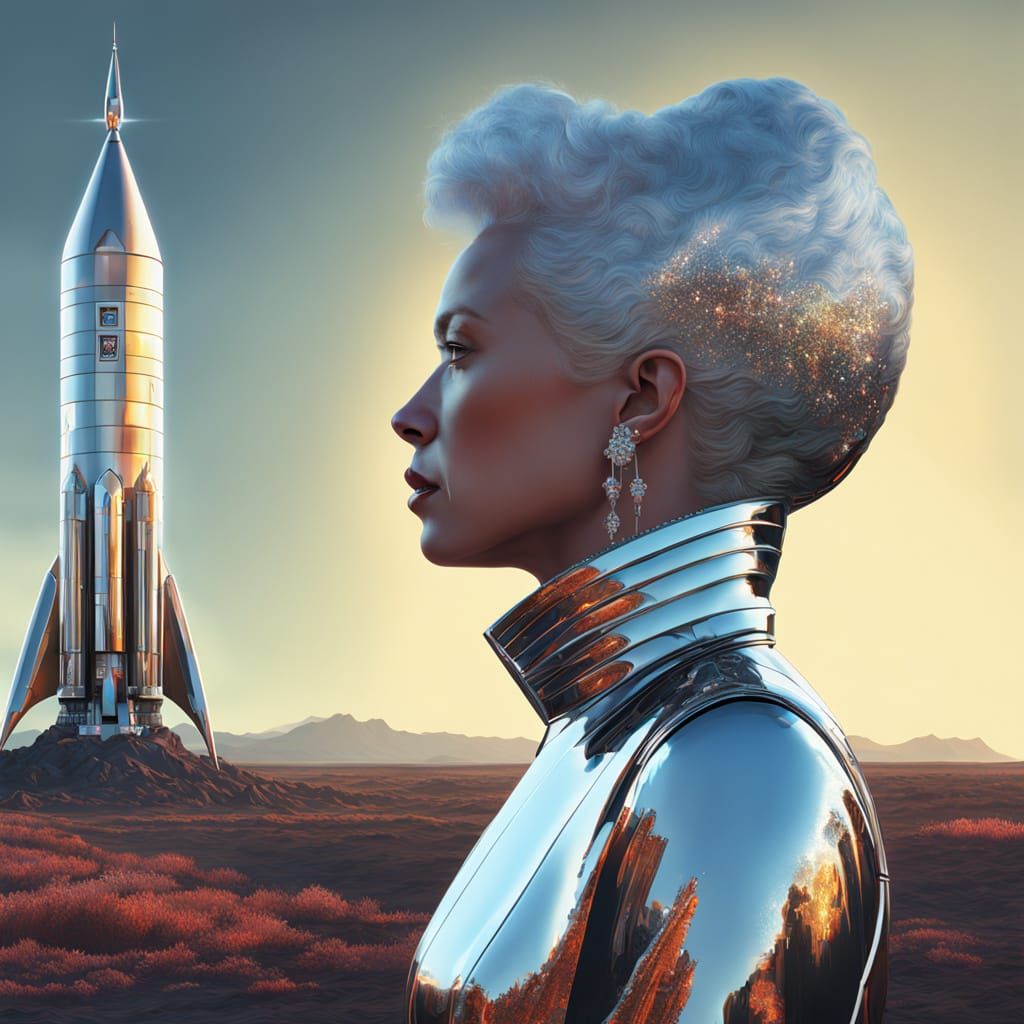 Cyberpunk Queen with Shimmering Chrome Rocket