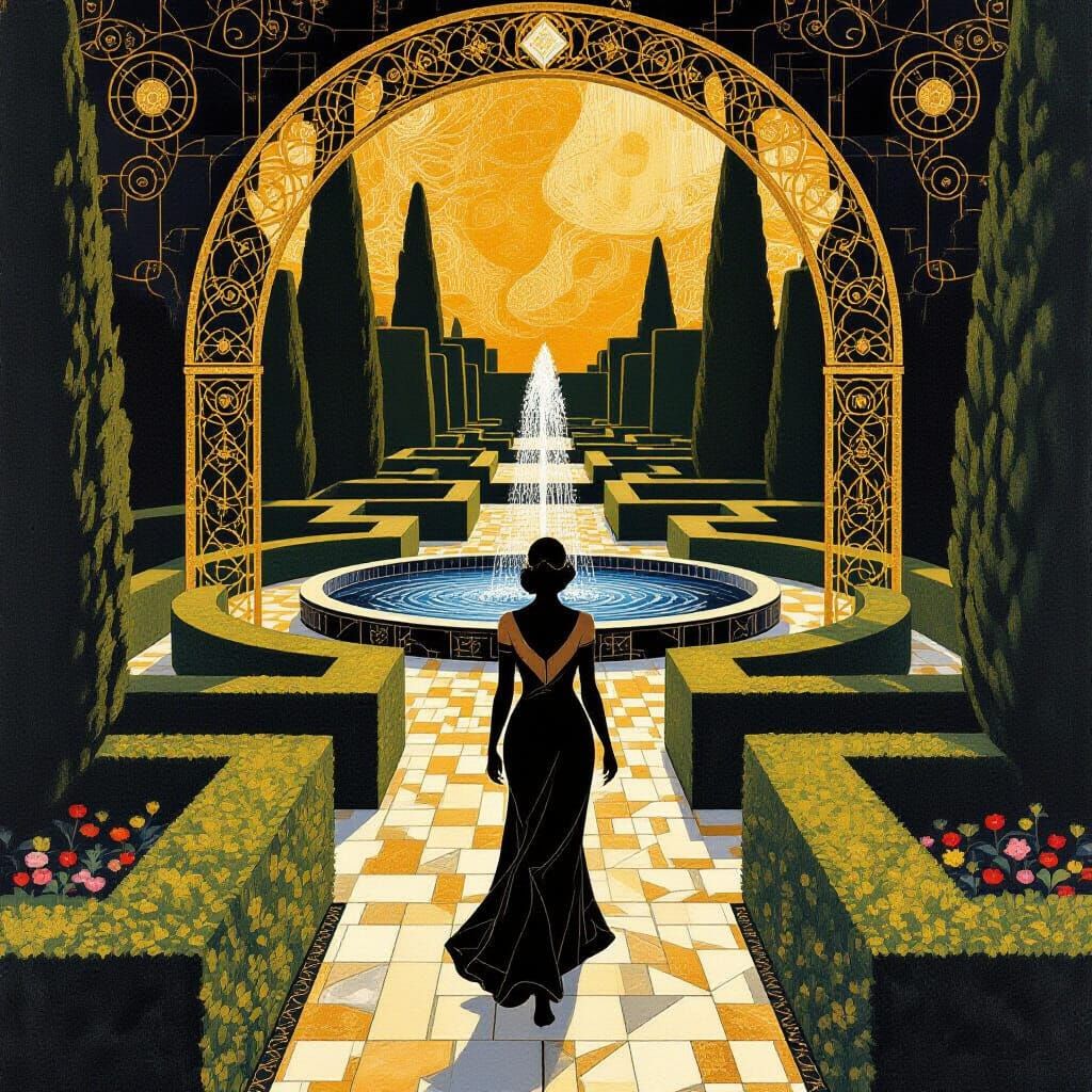 Art Deco Woman in Geometric Obsidian Garden Maze