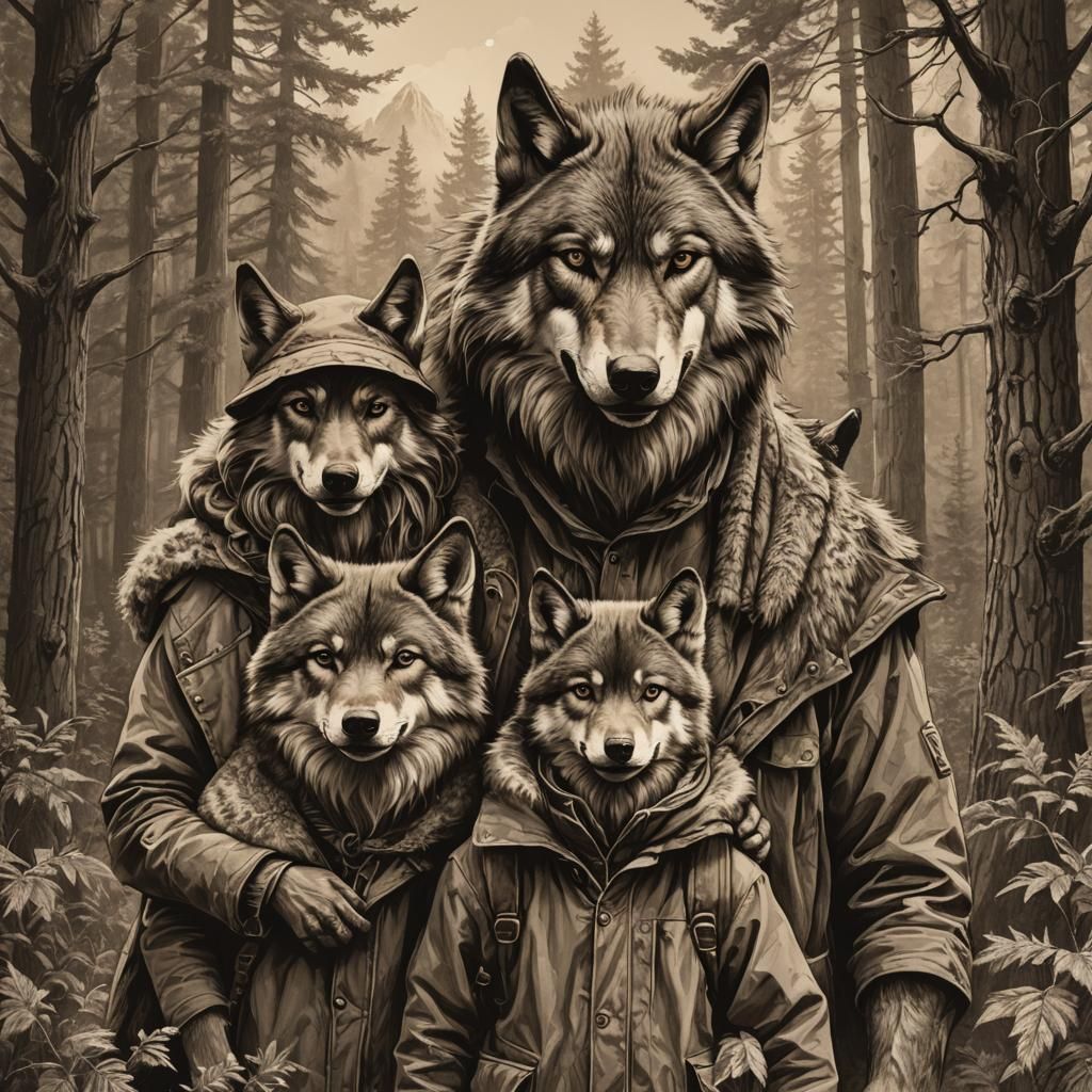 Family Portrait of Werewolf Clan in Sepia Toned Forest Lands...