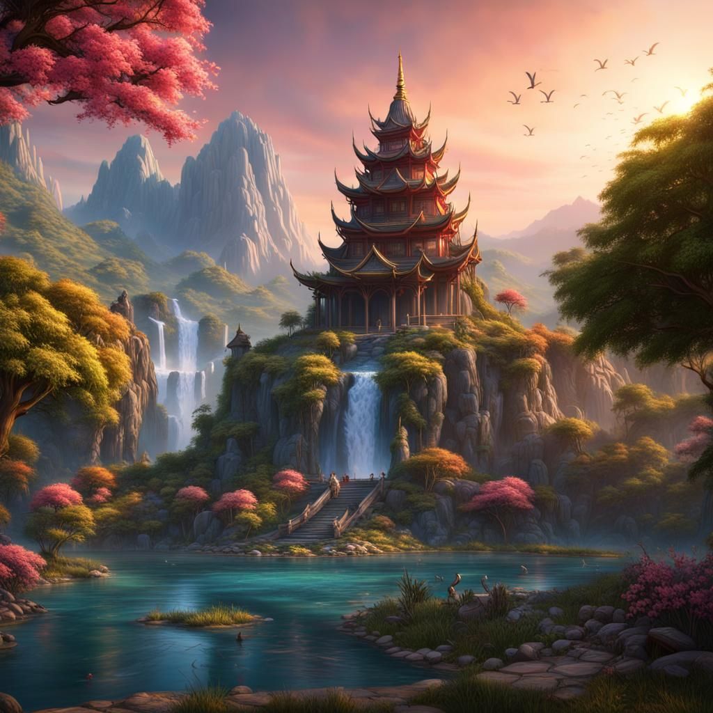 Fantastical Waterfall Scene with Cherry Blossom Temple