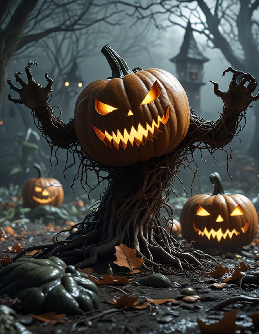 Eerie Pumpkin Patch at Night: Hyper-Realistic 8K Rendering