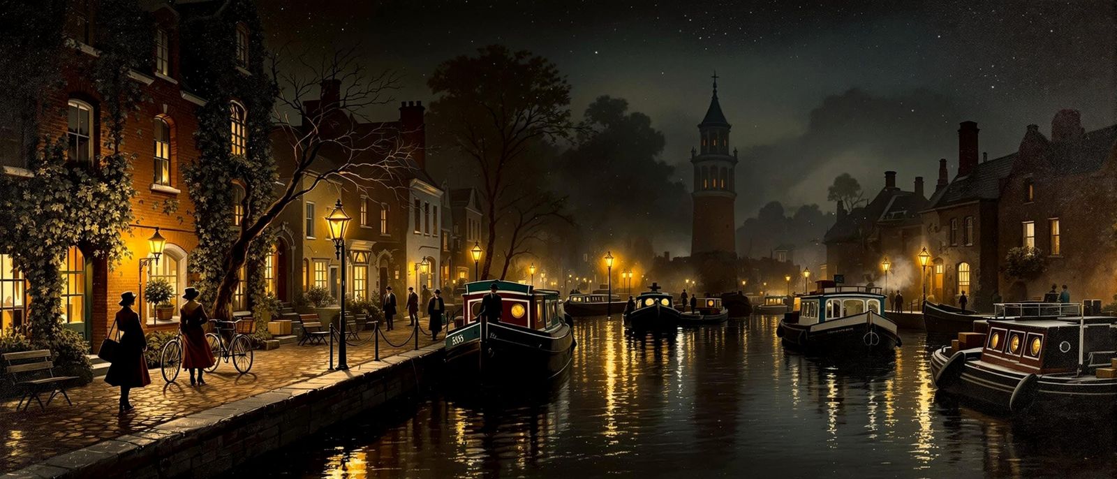 English canal street at night, where the muted tones of browns, mossy greens, an...