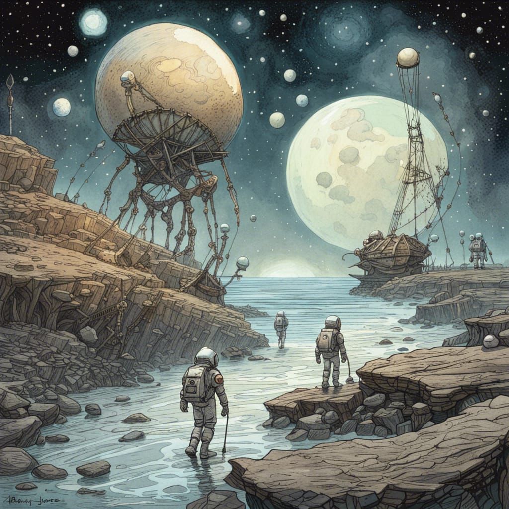 Astronauts on Whimsical Alien Planet with Glowing Stars