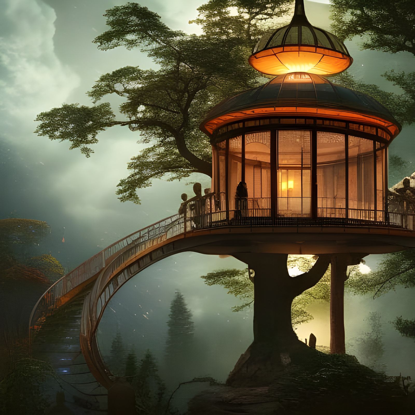 Epic Cinematic Glass Tree House with Dramatic Lanterns and D...