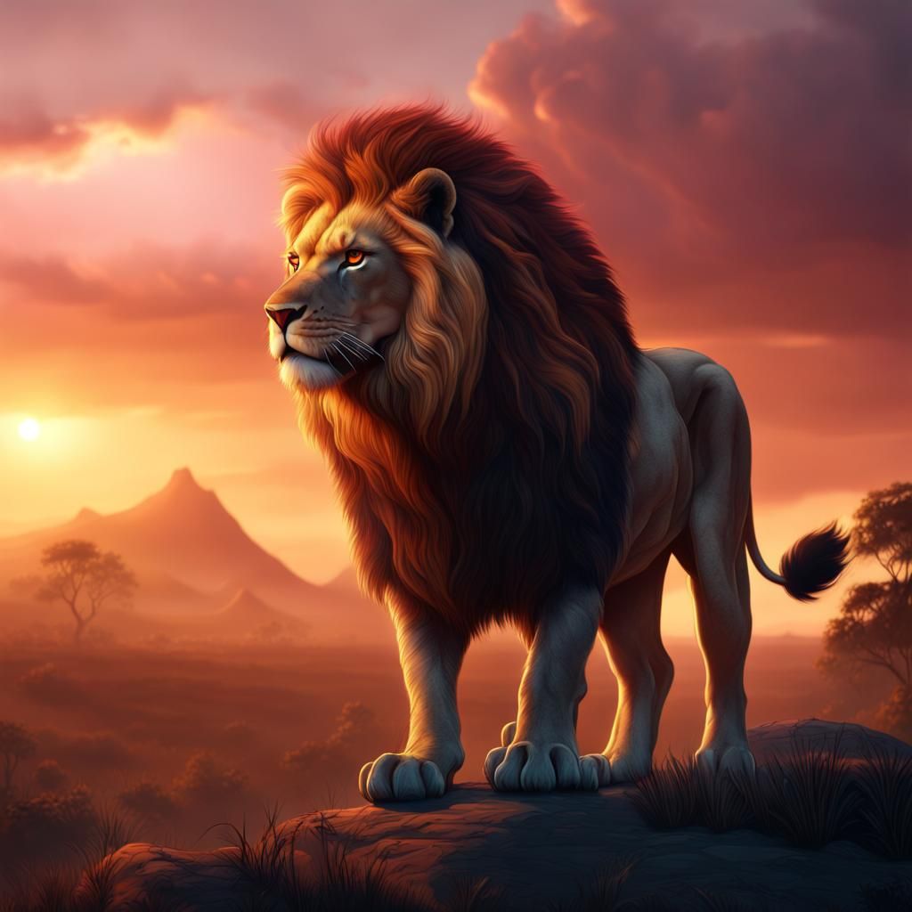 Lion Silhouetted Against a Vibrant Sunset