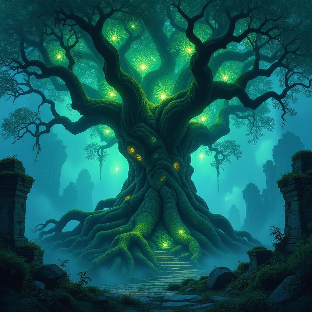 Ancient Bioluminescent Tree and Ruins in Ethereal Forest