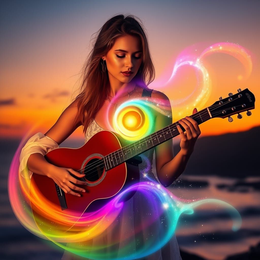 Hyperrealistic Guitarist on Sunset Coast with Spectral Mist