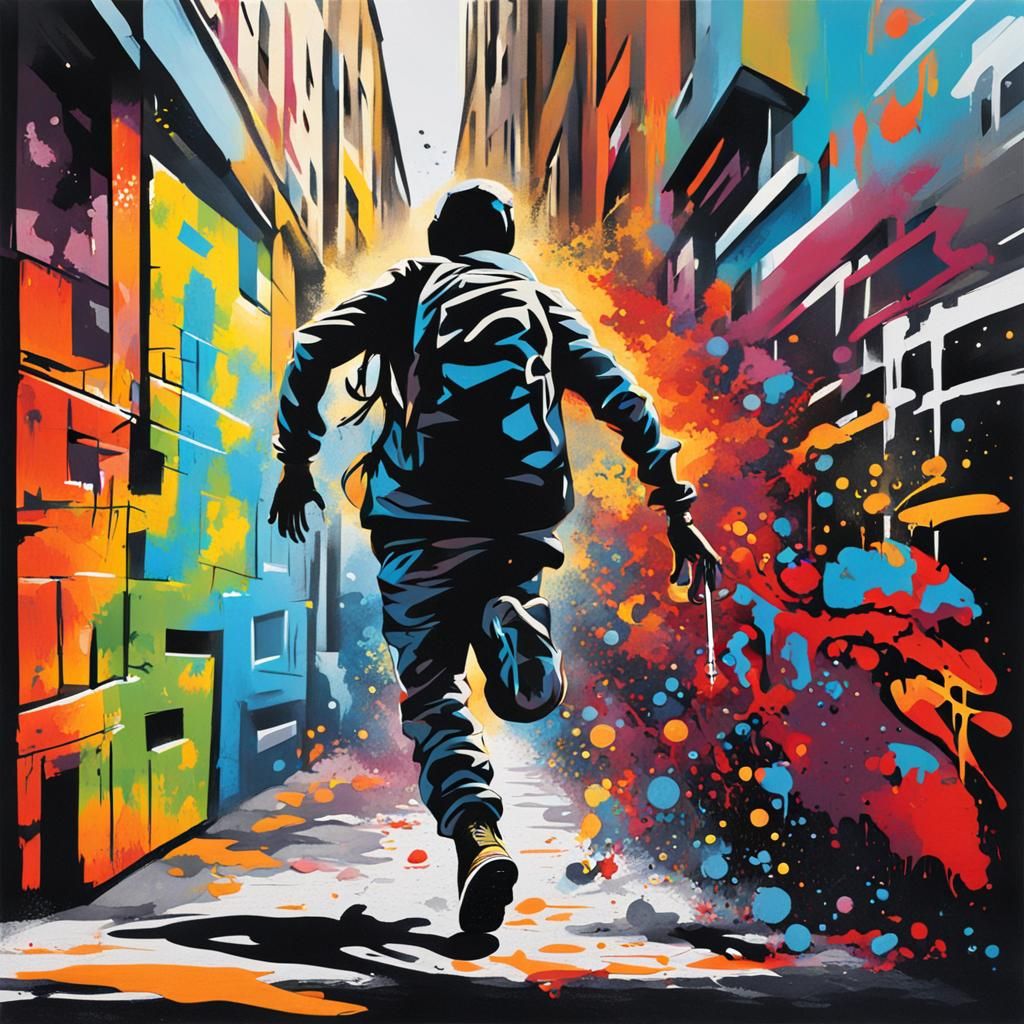 Ethereal Dancer Caught in Shadowy Pursuit in Vibrant Street....