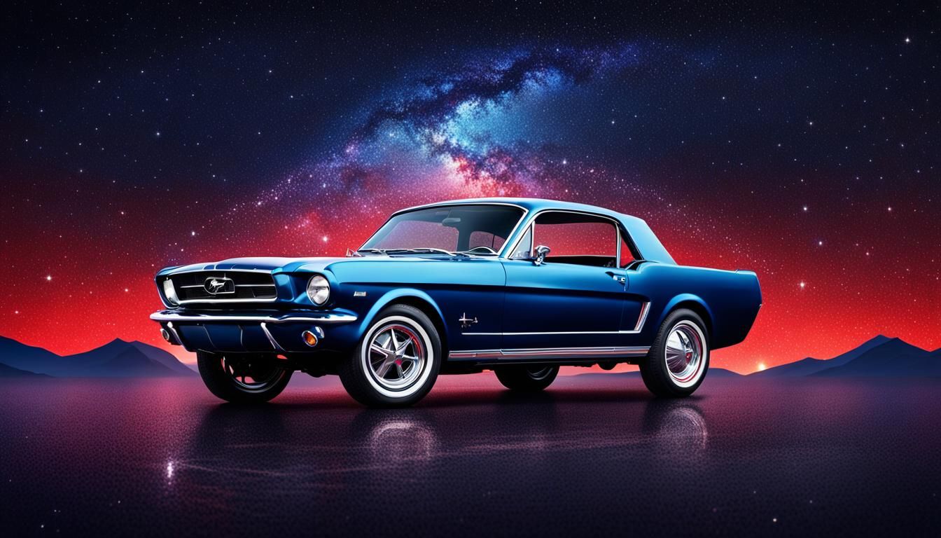 Dark Blue 1965 Ford Mustang on a Red Sparkle Surface under S...