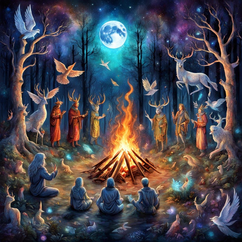 Mythical Beings Gather Under Cosmic Full Moon
