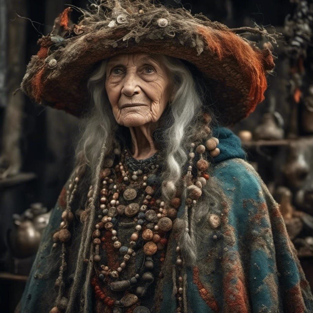 Dark Fantasy Portrait of a Mysterious Old Witch in Vibrant C...