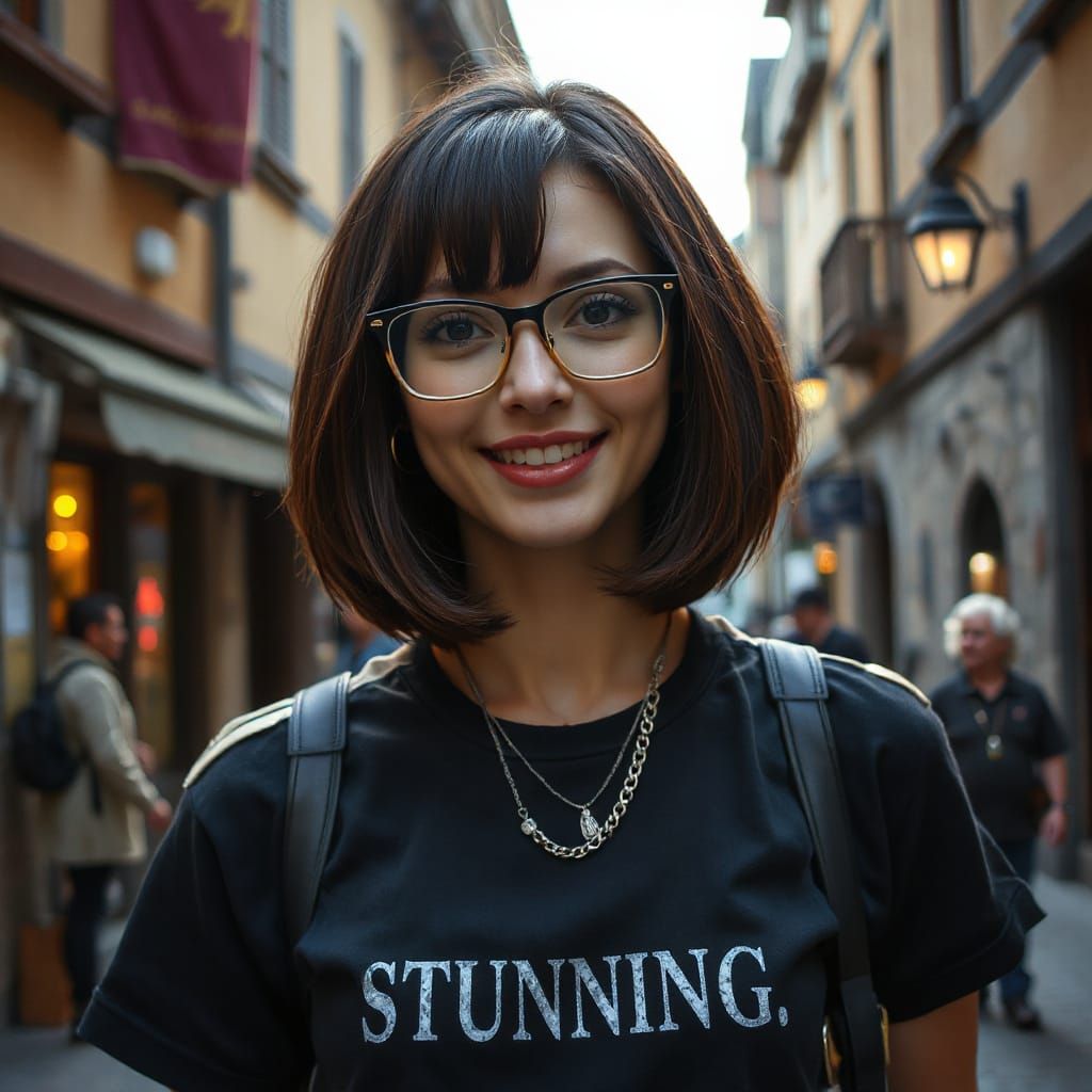 Futuristic Goddess in Medieval Street Scene