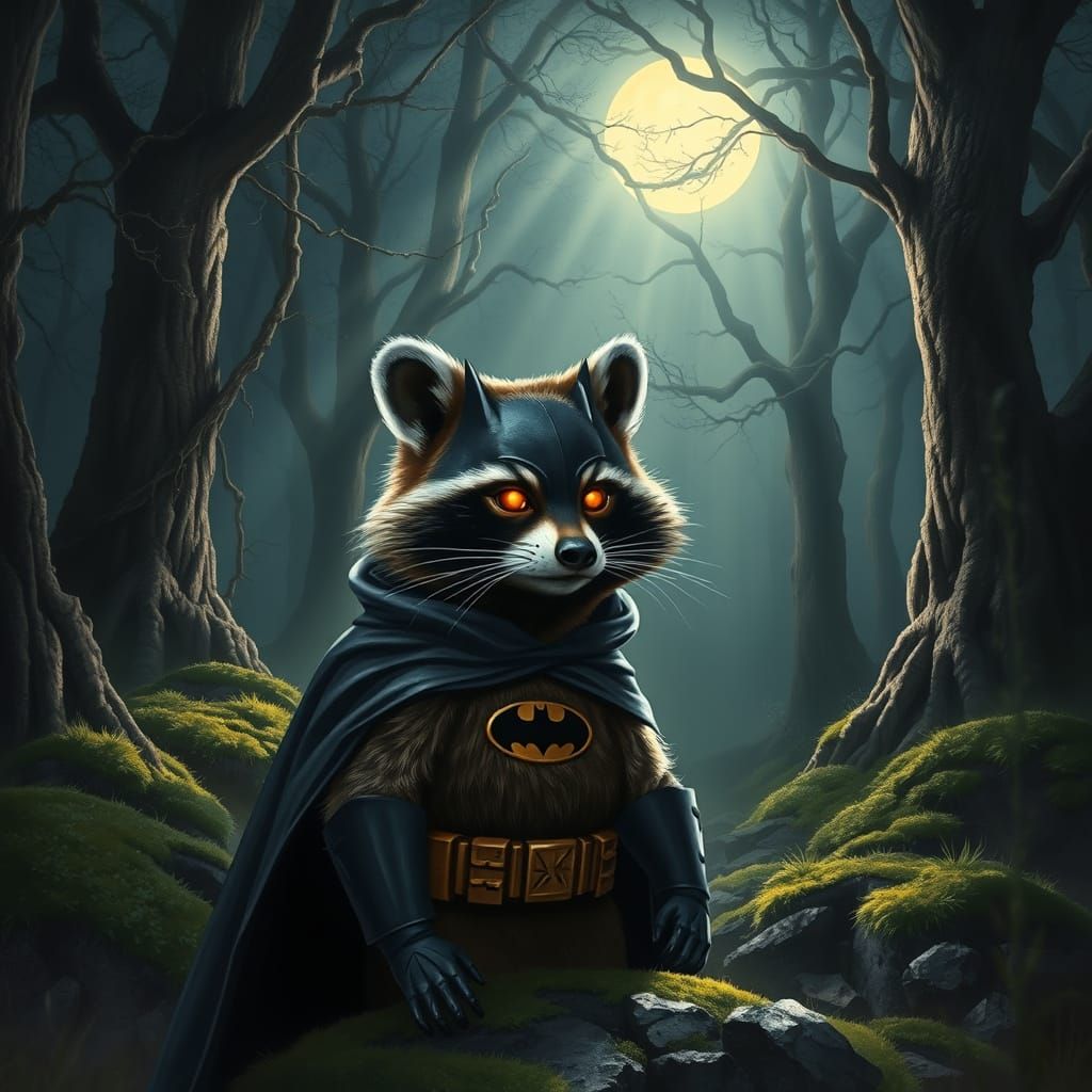Raccoon Batman in Enchanted Forest at Night