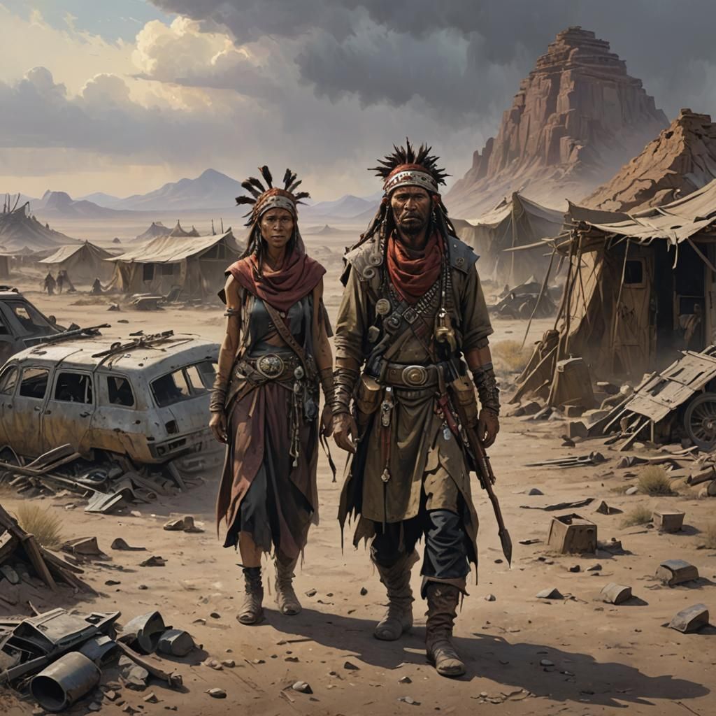 A nomadic tribe chief and his wife living in the wasteland