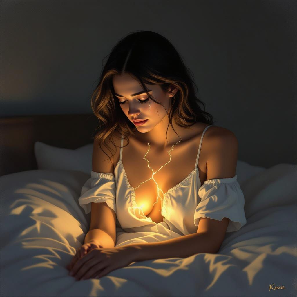 Figure Healing in Dim Light with Golden Cracks