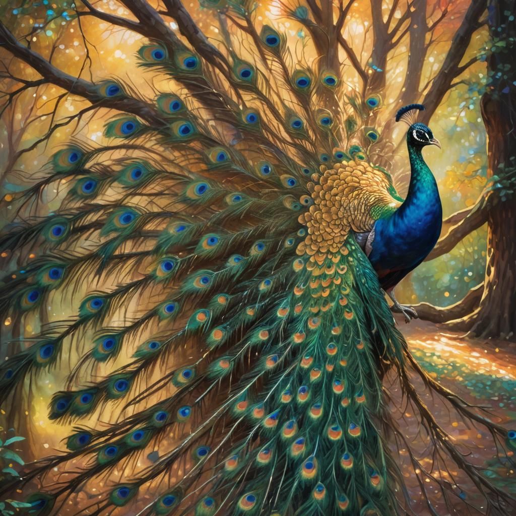 Glowing Forest Peacock in Vibrant Oil Painting Style