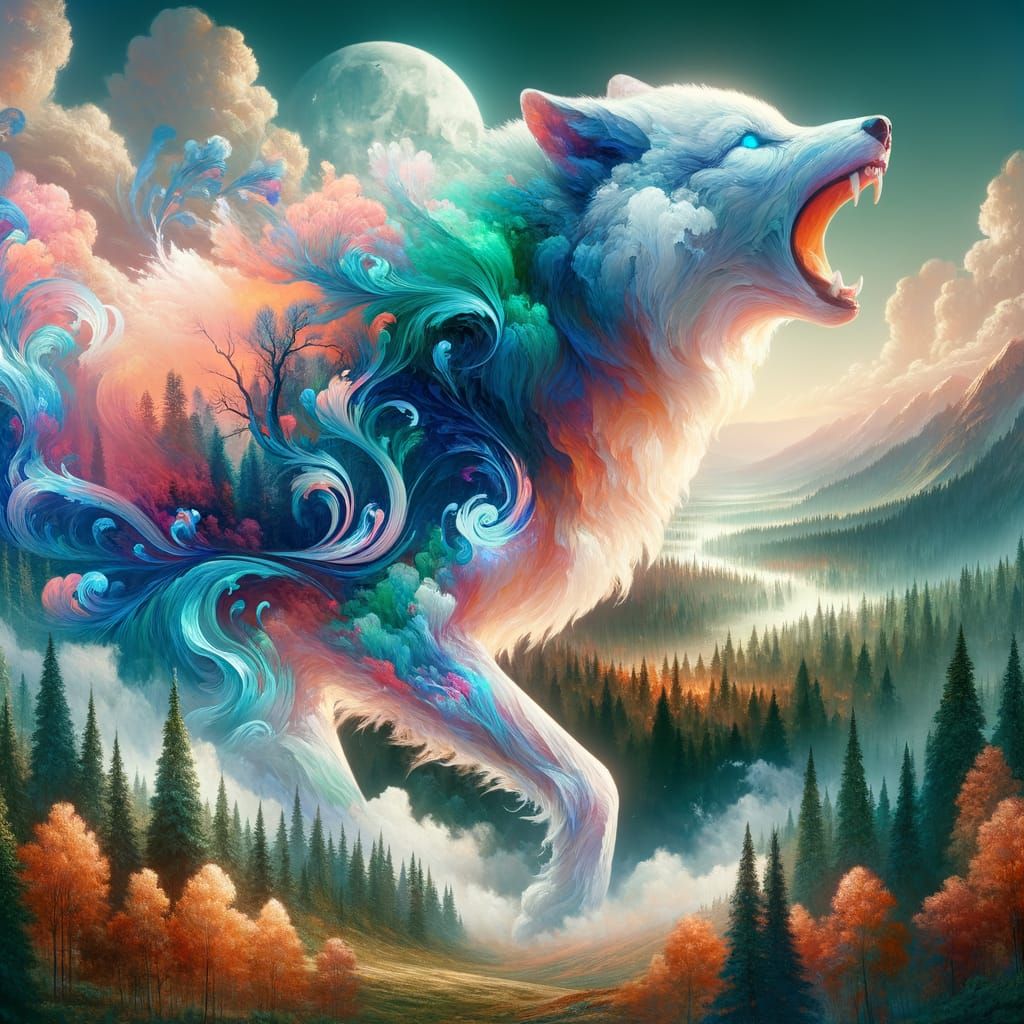 Ethereal Marble-Wolf Howling Over Forest Vista