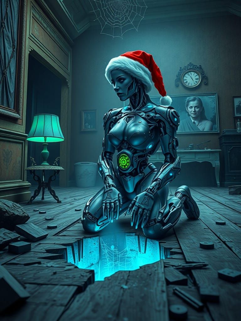 Robotic Christmas Warrior Amidst Apocalyptic Ruins