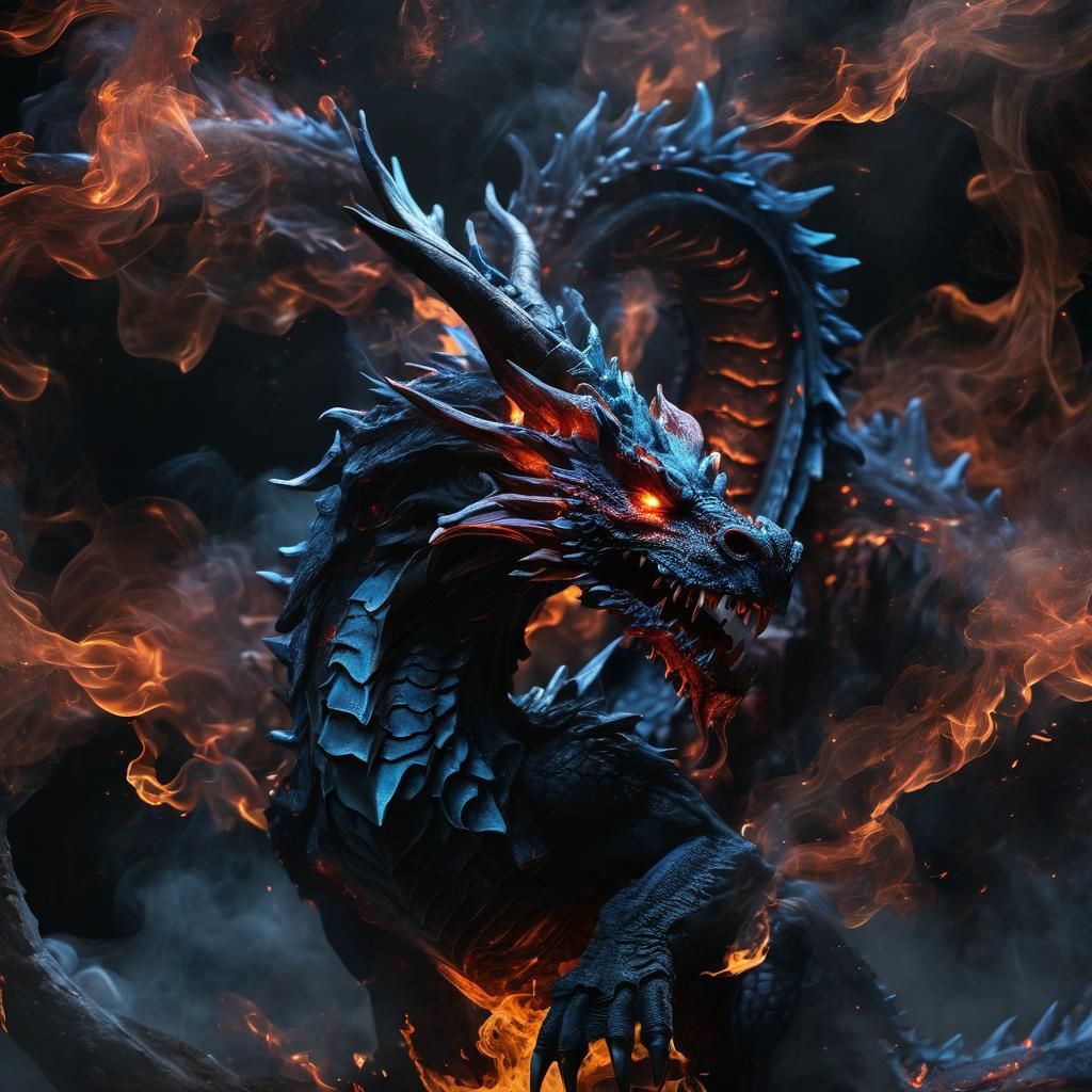 Mystical Red Dragon Unfolds from Blue Flame