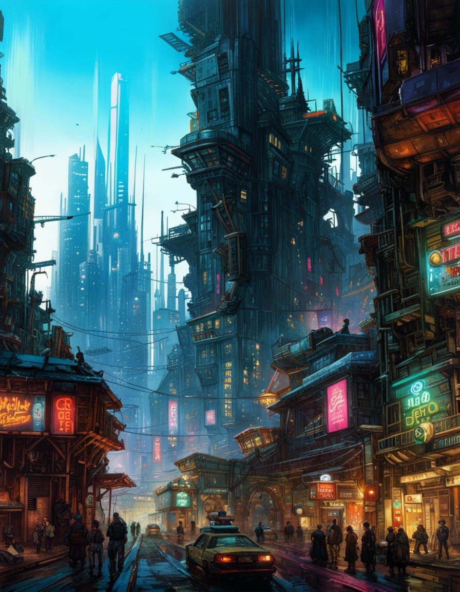 Epic Cyberpunk Metropolis in Vibrant Triadic Hues