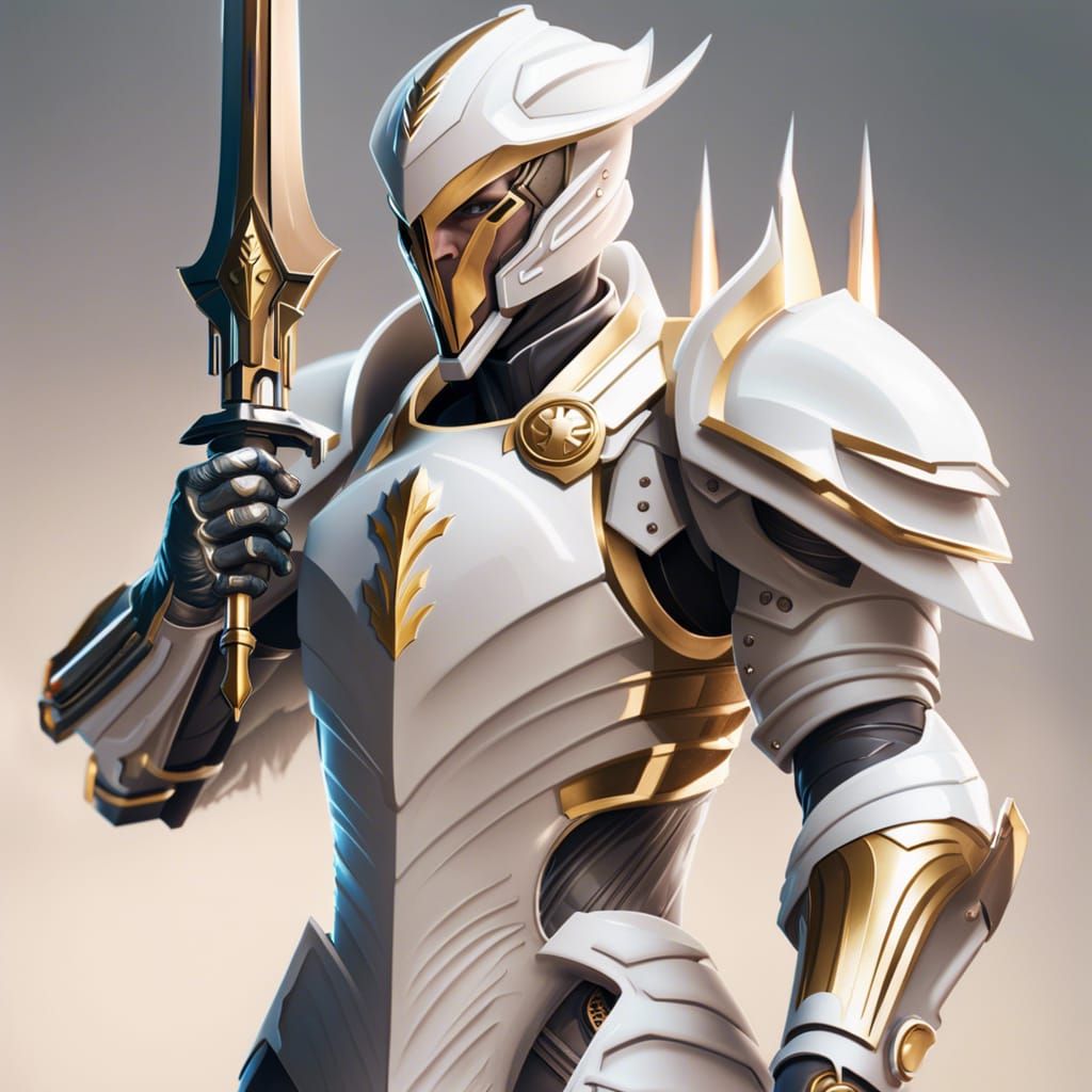 Tall Aetherpunk Guard in White Quartz-and-Gold Armour