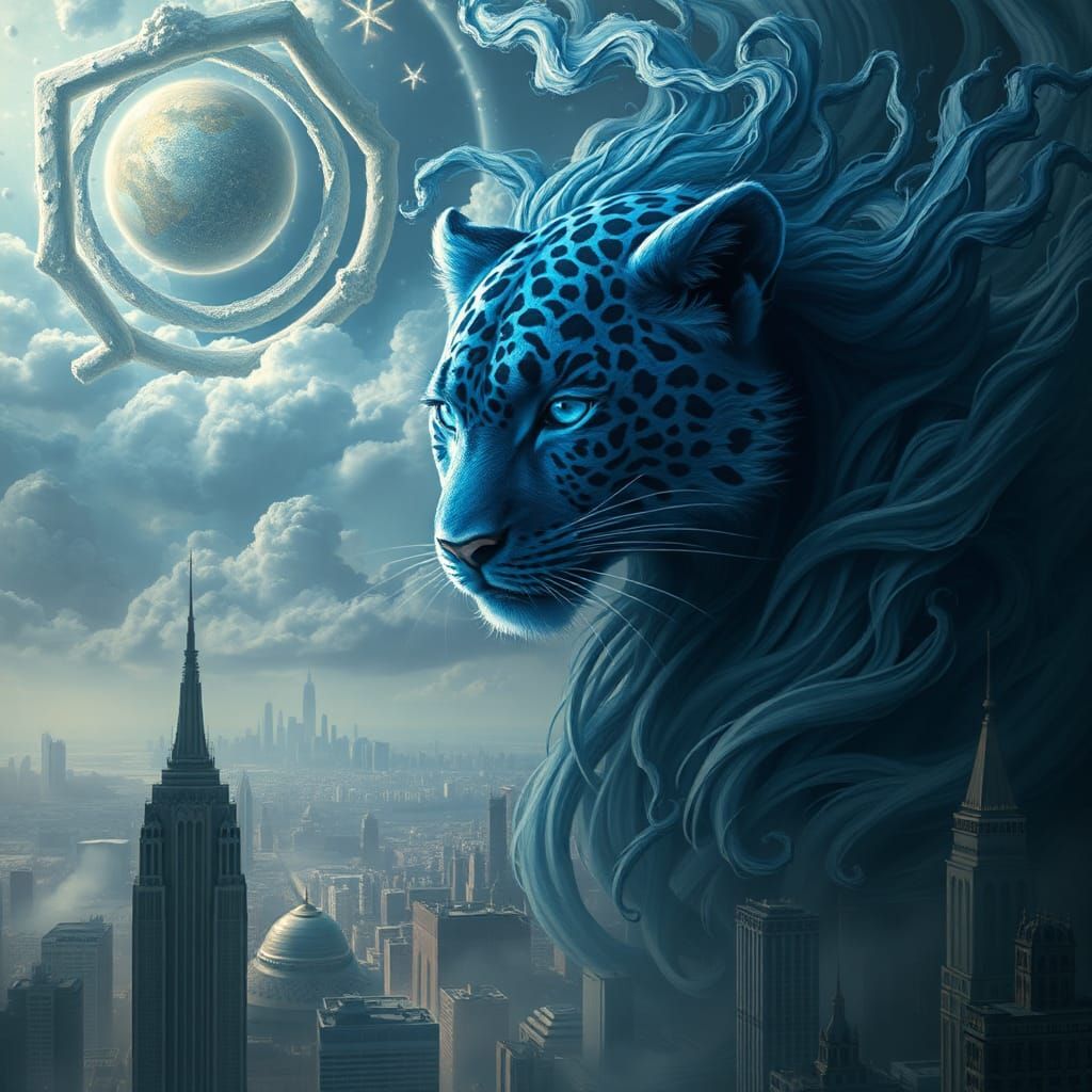 Dreamlike Blue Leopard Shaman in Cosmic Cityscape