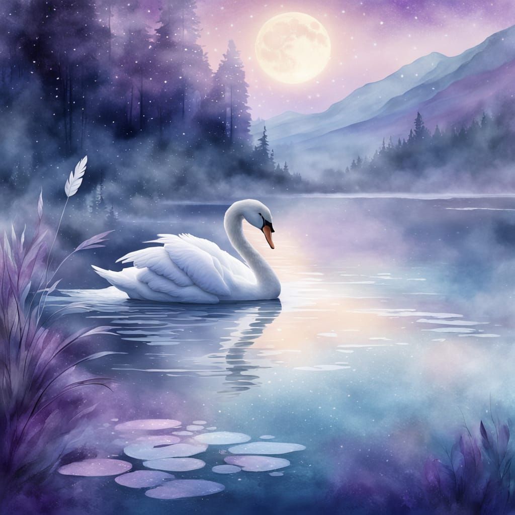 Dreamy Swan Sleeps on Moonlit Lake