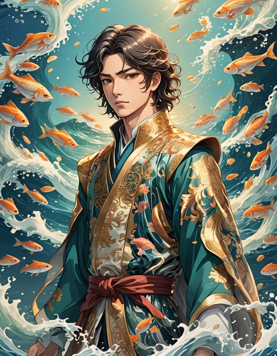Majestic Prince Among Ocean Waves in Japanese Manga Style