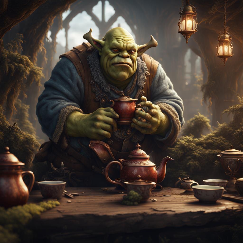 Ogre Sipping Tea in Whimsical Fantasy Realm