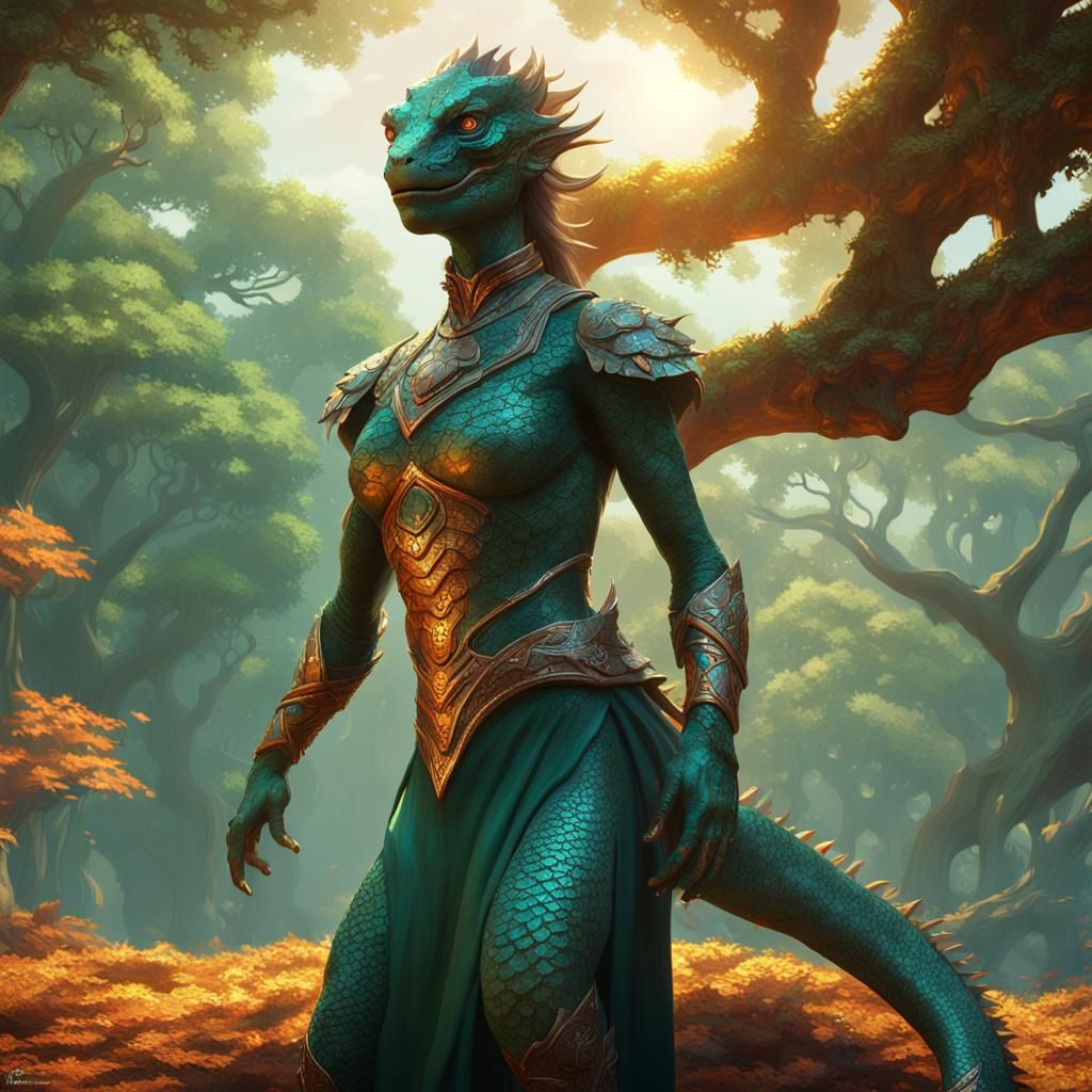 Lizard Woman Surrounded by Emerald Forest Majesty