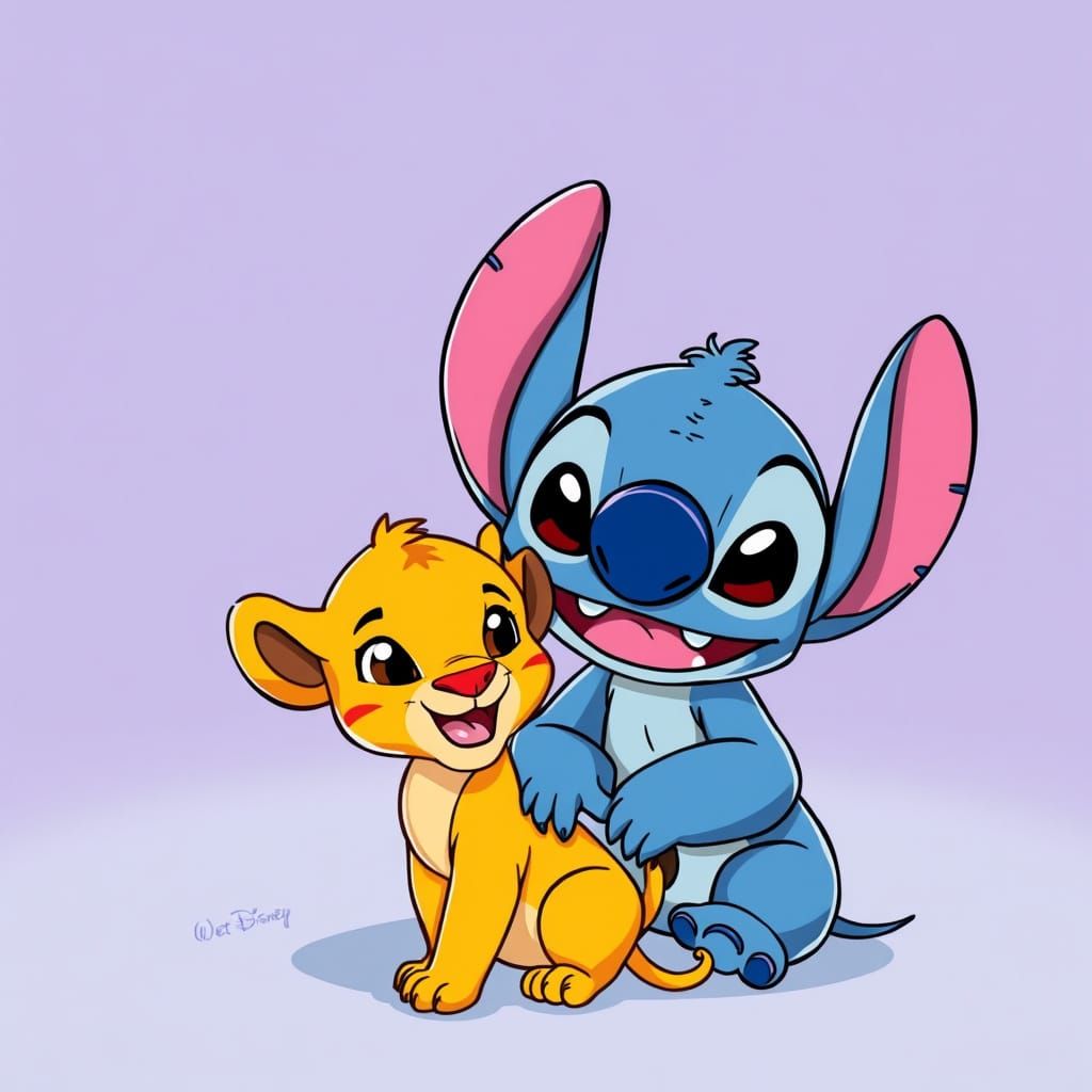 Whimsical Cartoon Illustration of Stitch and Simba