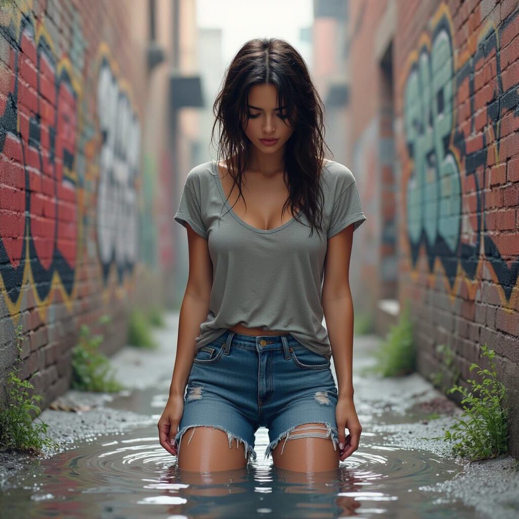 Distressed Woman in Alleyway, Emotive Digital Portrait