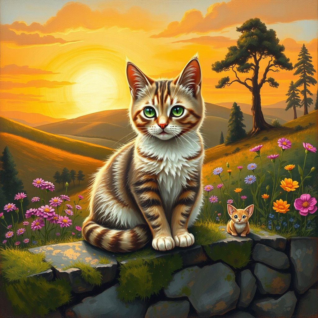 Whiskered Cat Contemplates Life's Mysteries in Vibrant Sunse...