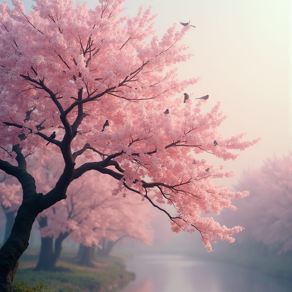 Cherry Blossom Tree with Birds in Cinematic Style