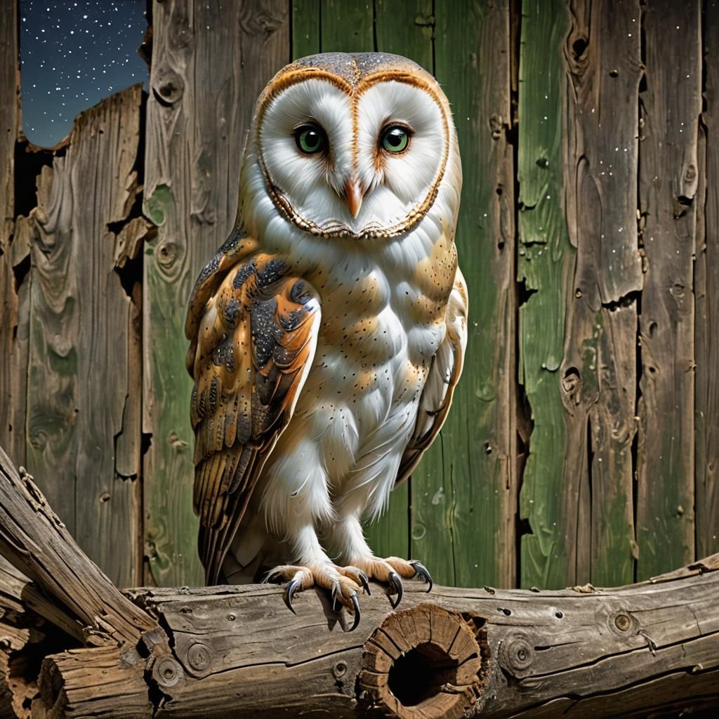 Ethereal Barn Owl Amidst Starry Skies in Impressive Gouache....