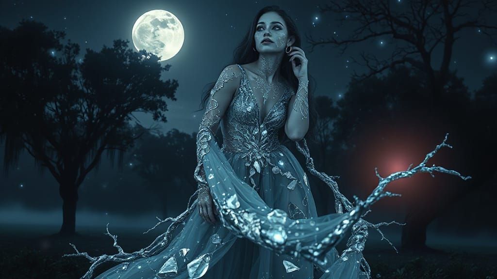 Ethereal Enchantress in Misty Moonlit Forest