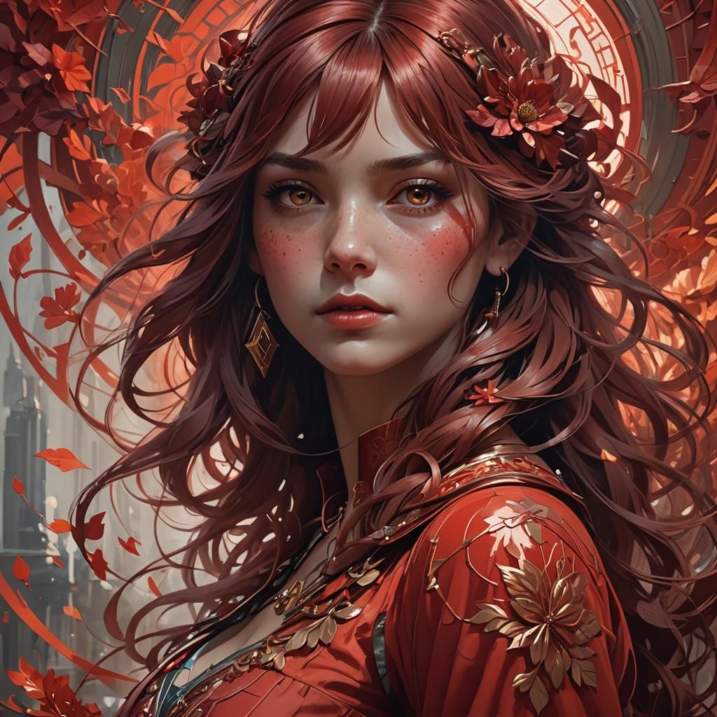 Luminous Red Portrait in Hyperdetailed Concept Art