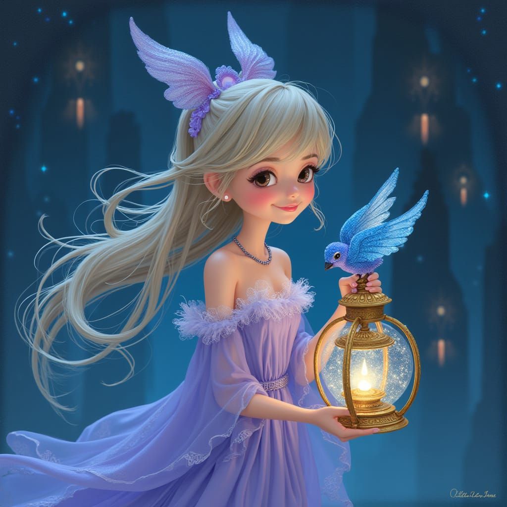 Smiling Enchantress with Bird Lantern, Fantasy Art