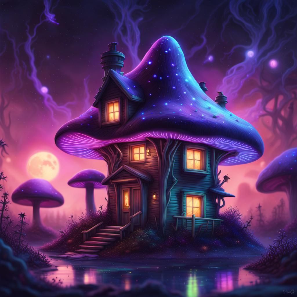 Surreal Bioluminescent Galaxy Scene with Mushroom Houses and...