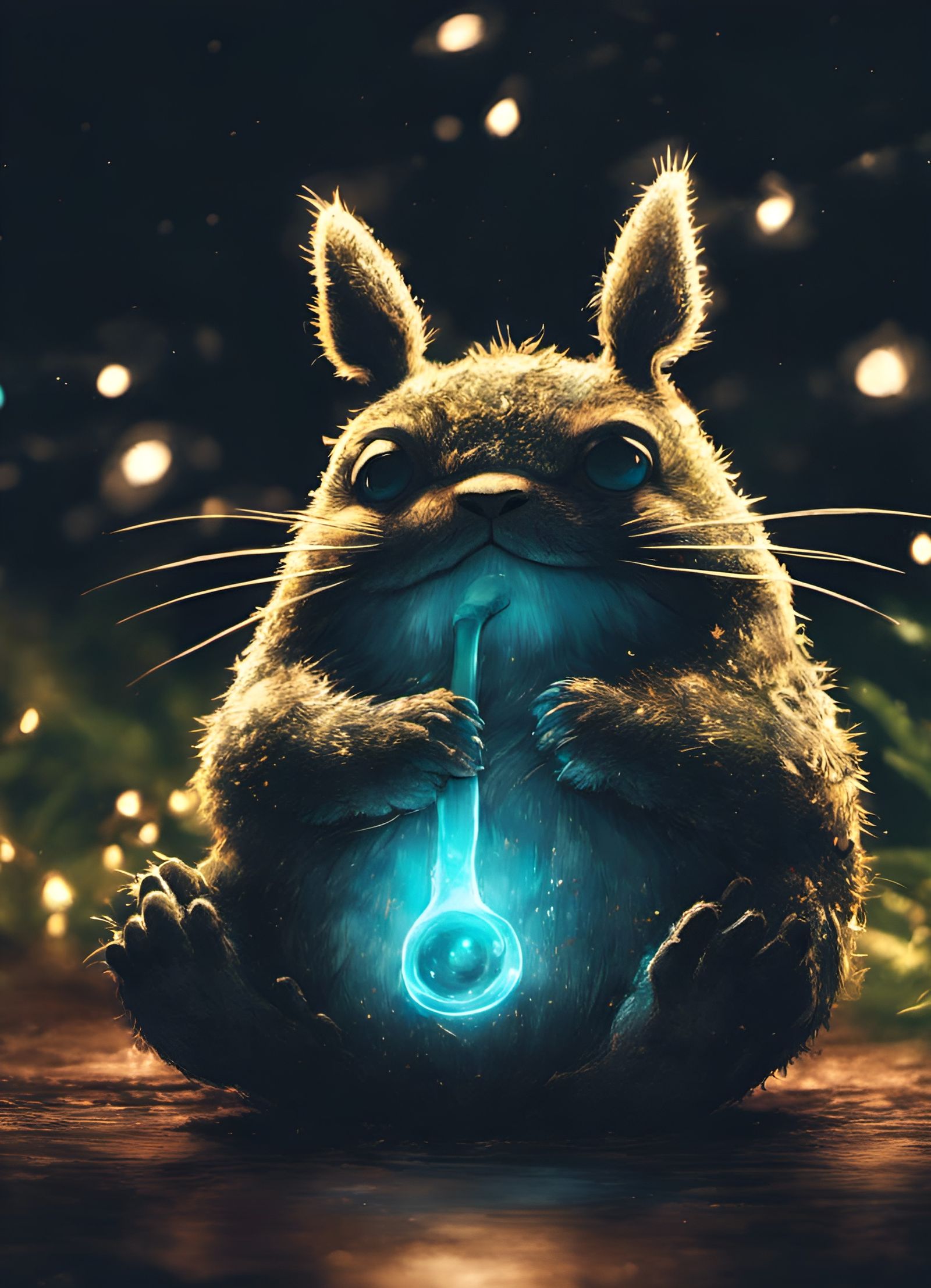 Totoro Plays Sax in a Whimsical Fairy Light Oasis