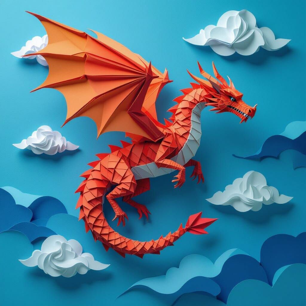 Origami Dragon Soars Through Paper Sky