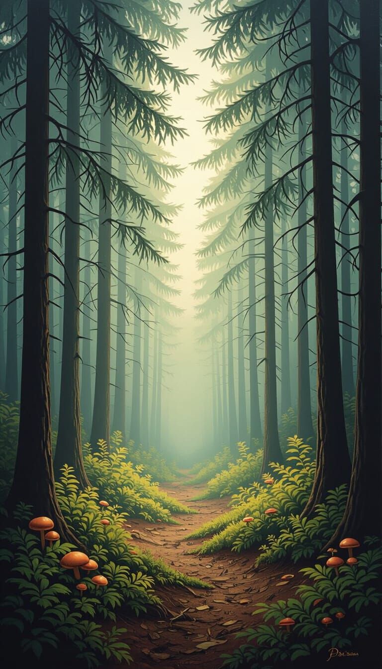 Misty Forest with Surreal Dreamscape Elements